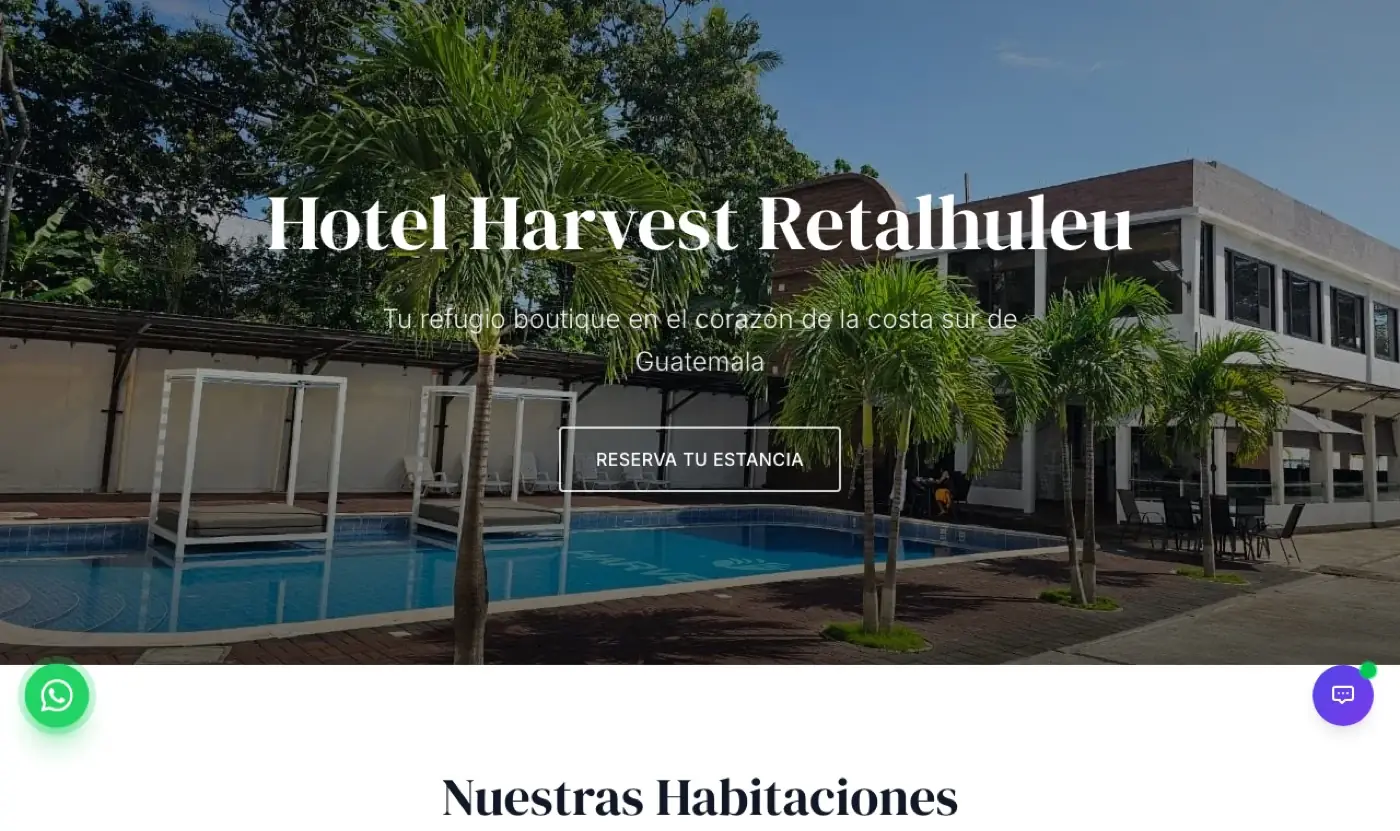 Hotel Harvest website built on FluxPMS — hero with pool, booking button and direct booking engine